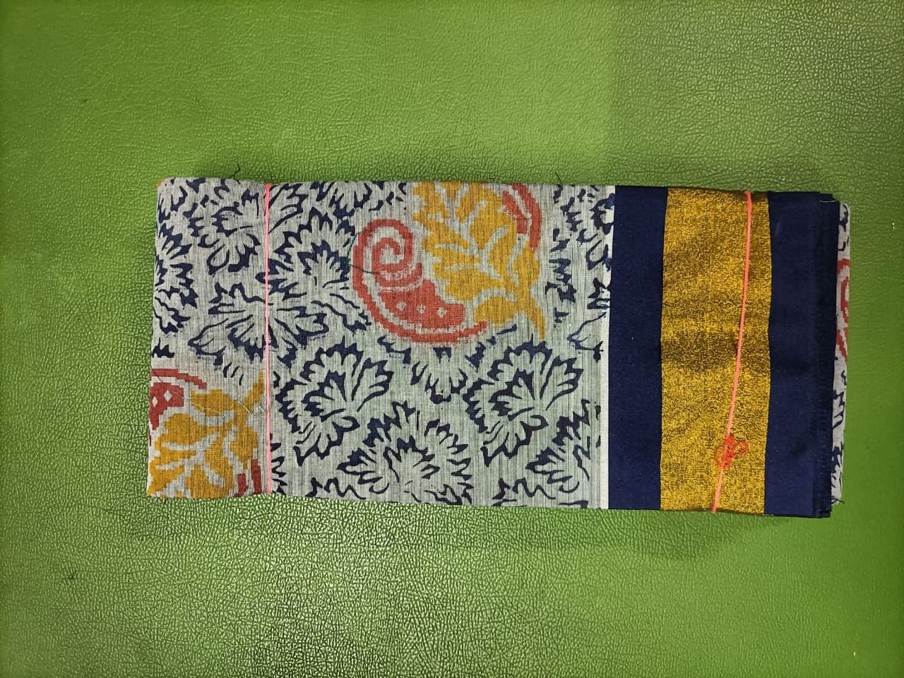 Grey Paisley Printed Cotton Saree with Navy & Gold Border