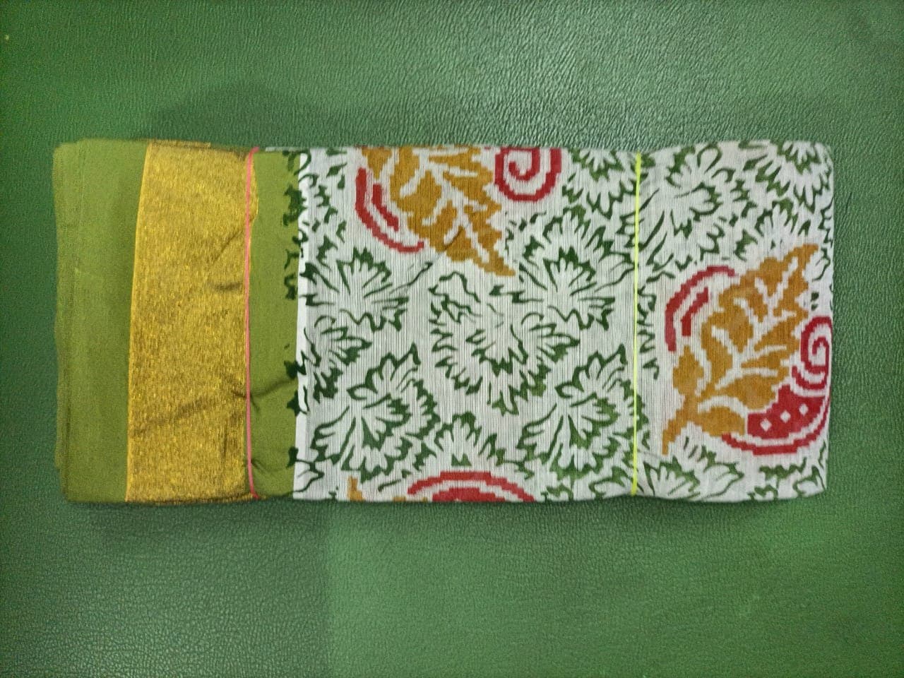 Ivory Leaf Print Cotton Saree with Olive Zari Border