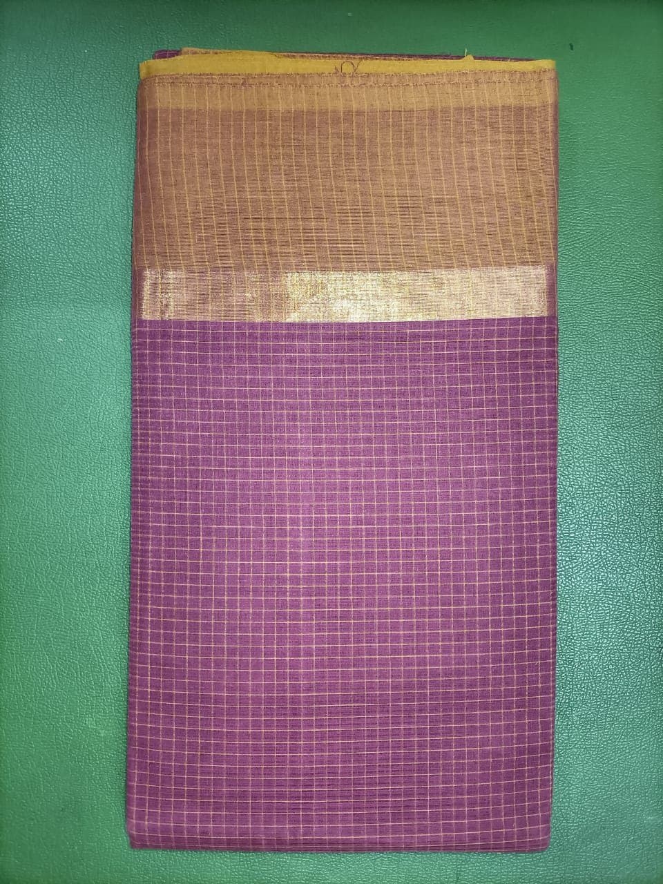 Mauve Checked Cotton Saree with Mustard Zari Border