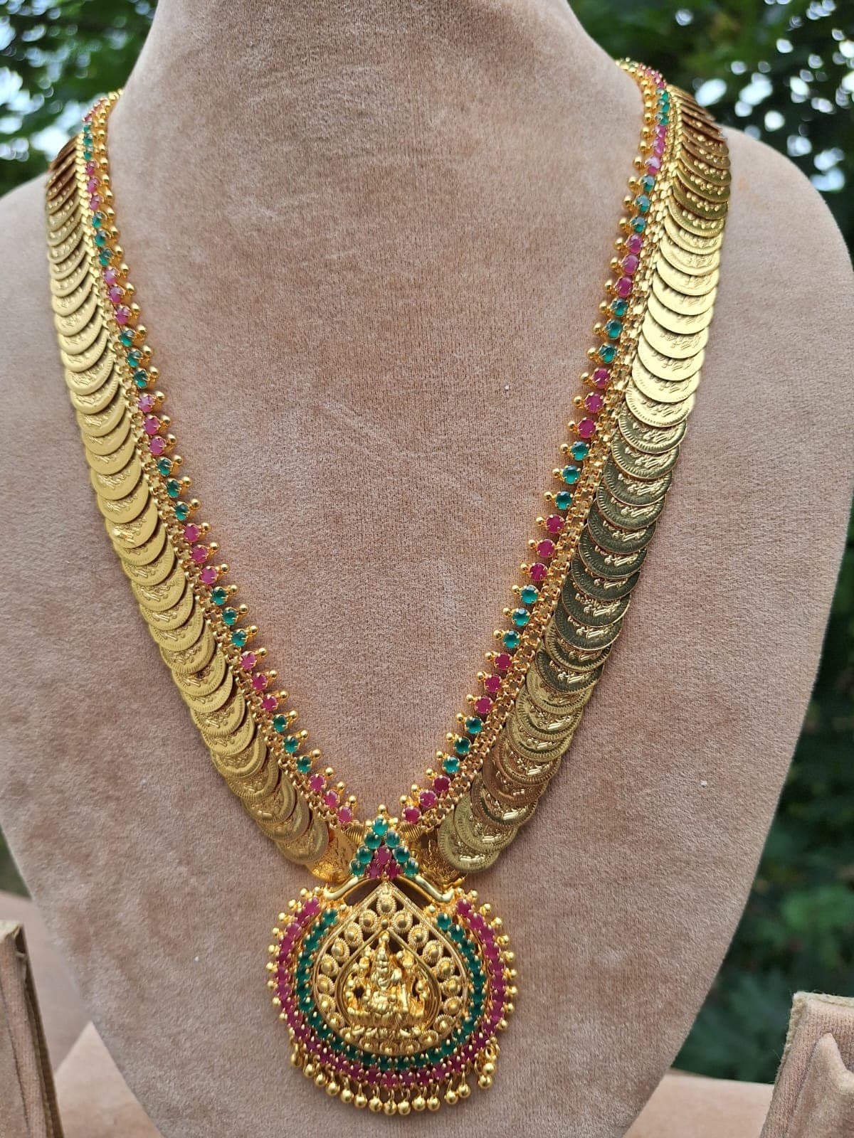 Kasu Mala Gold Coin Long Necklace with Lakshmi Pendant