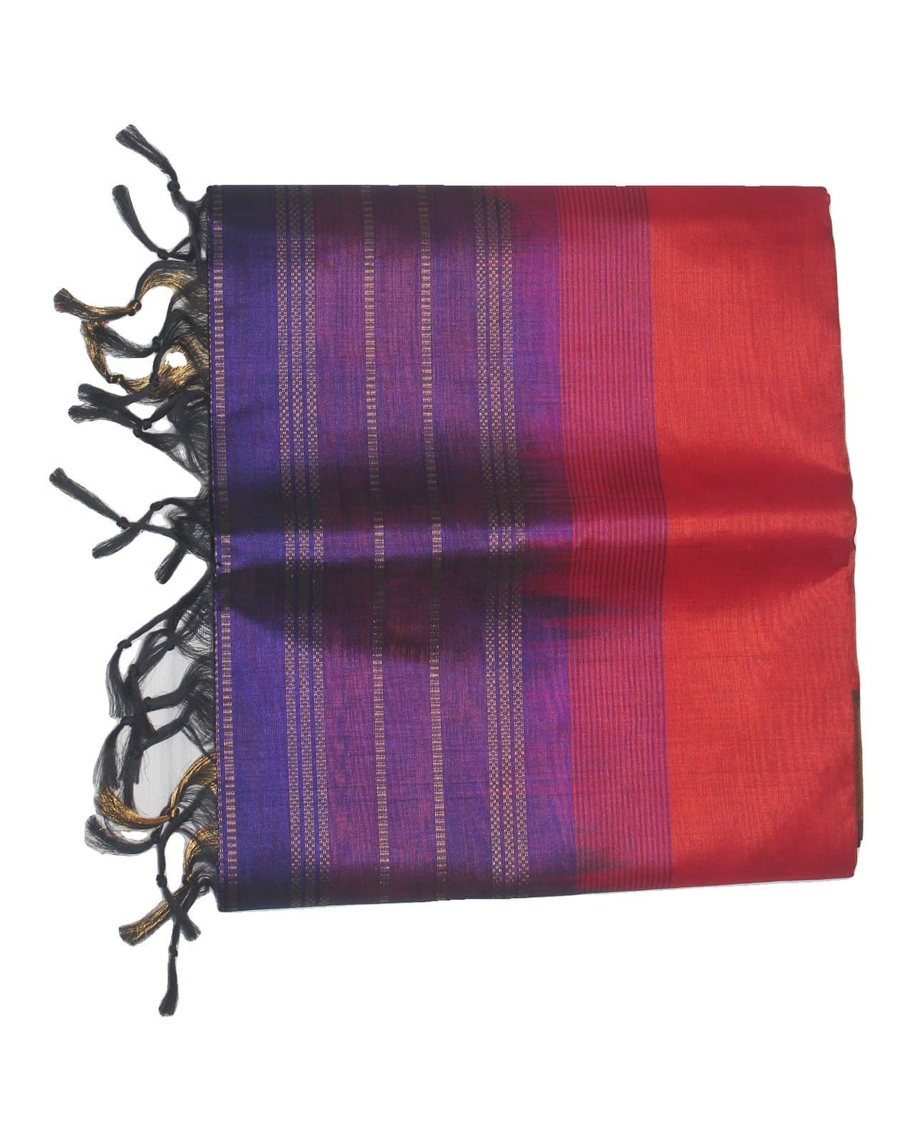 Purple–Red Ombré Striped Saree with Tassels