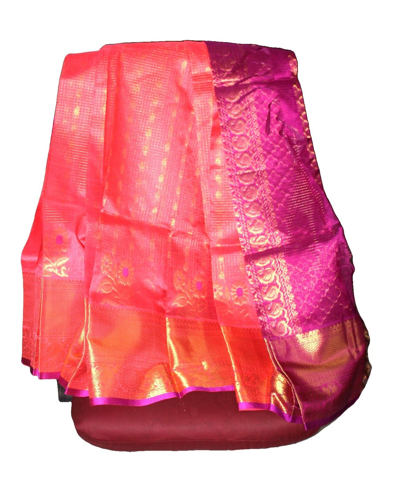 Coral Pink Saree with Magenta Brocade Pallu
