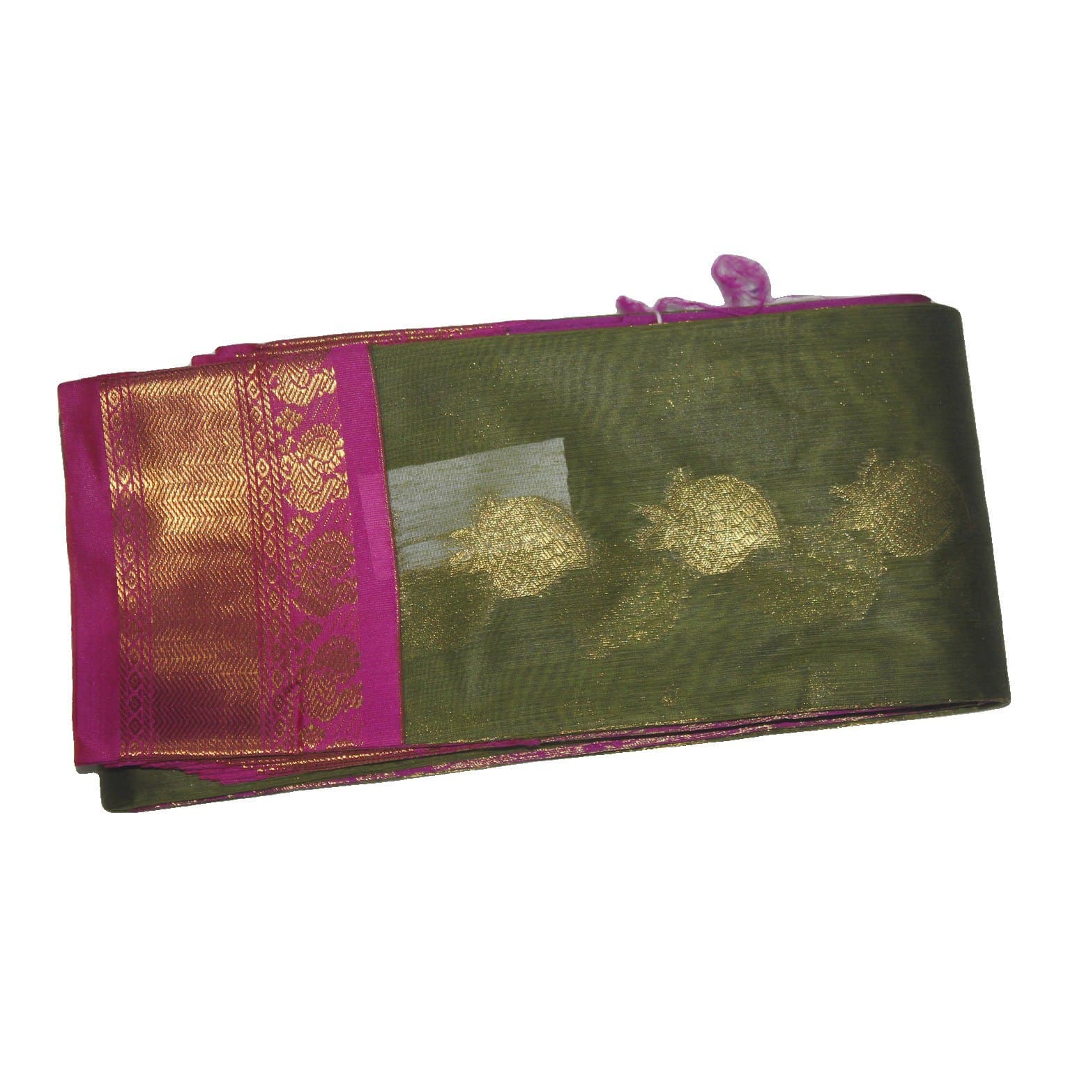 Olive Green Saree with Magenta Zari Border & Gold Buttas