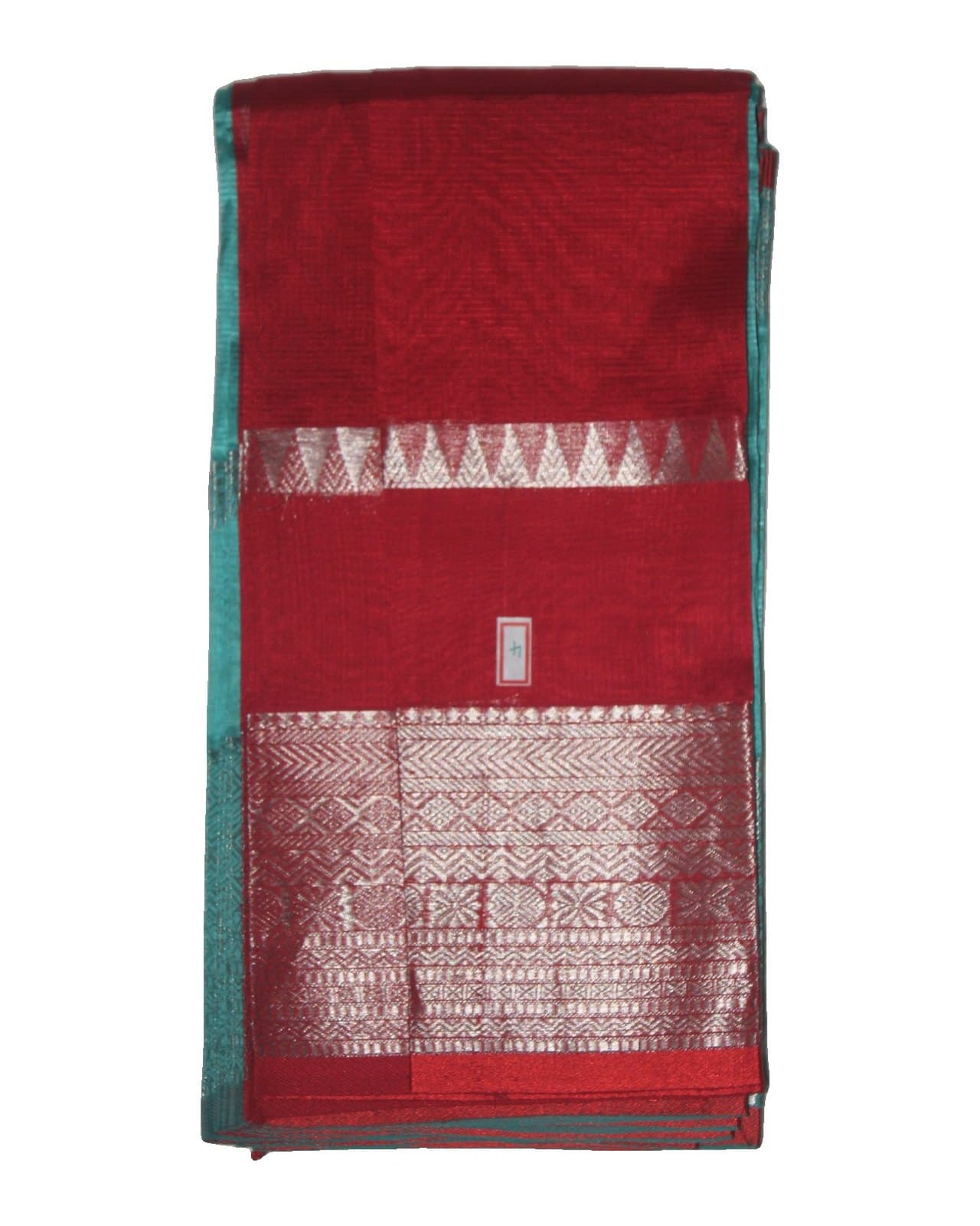 Red & Turquoise Saree with Silver Zari Weave