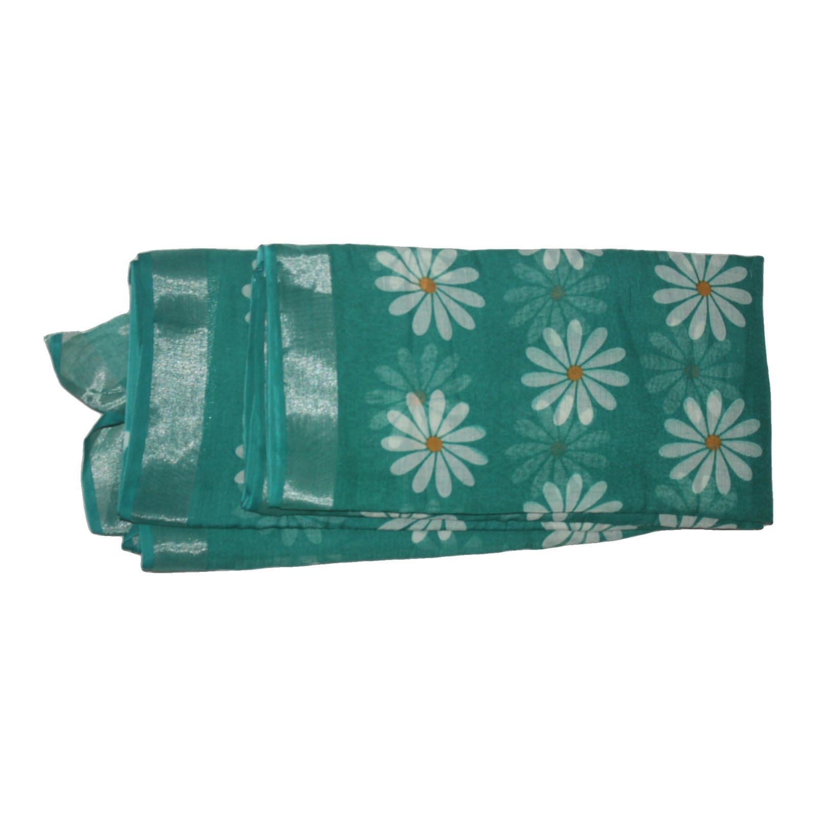 Teal Daisy Print Saree with Silver Border
