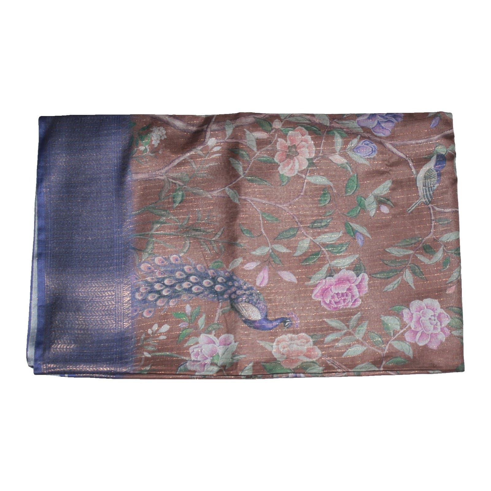 Mauve Peacock Floral Print Saree with Blue Zari Border