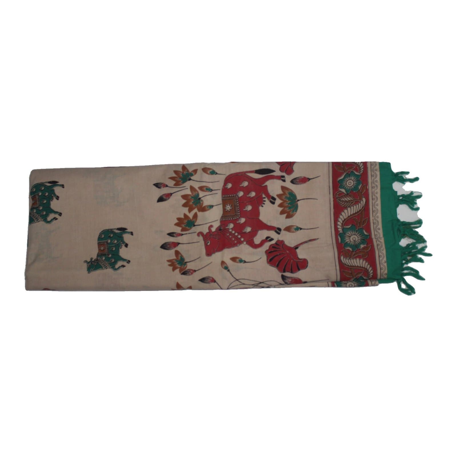 Beige Kalamkari Cow Print Saree with Green Border