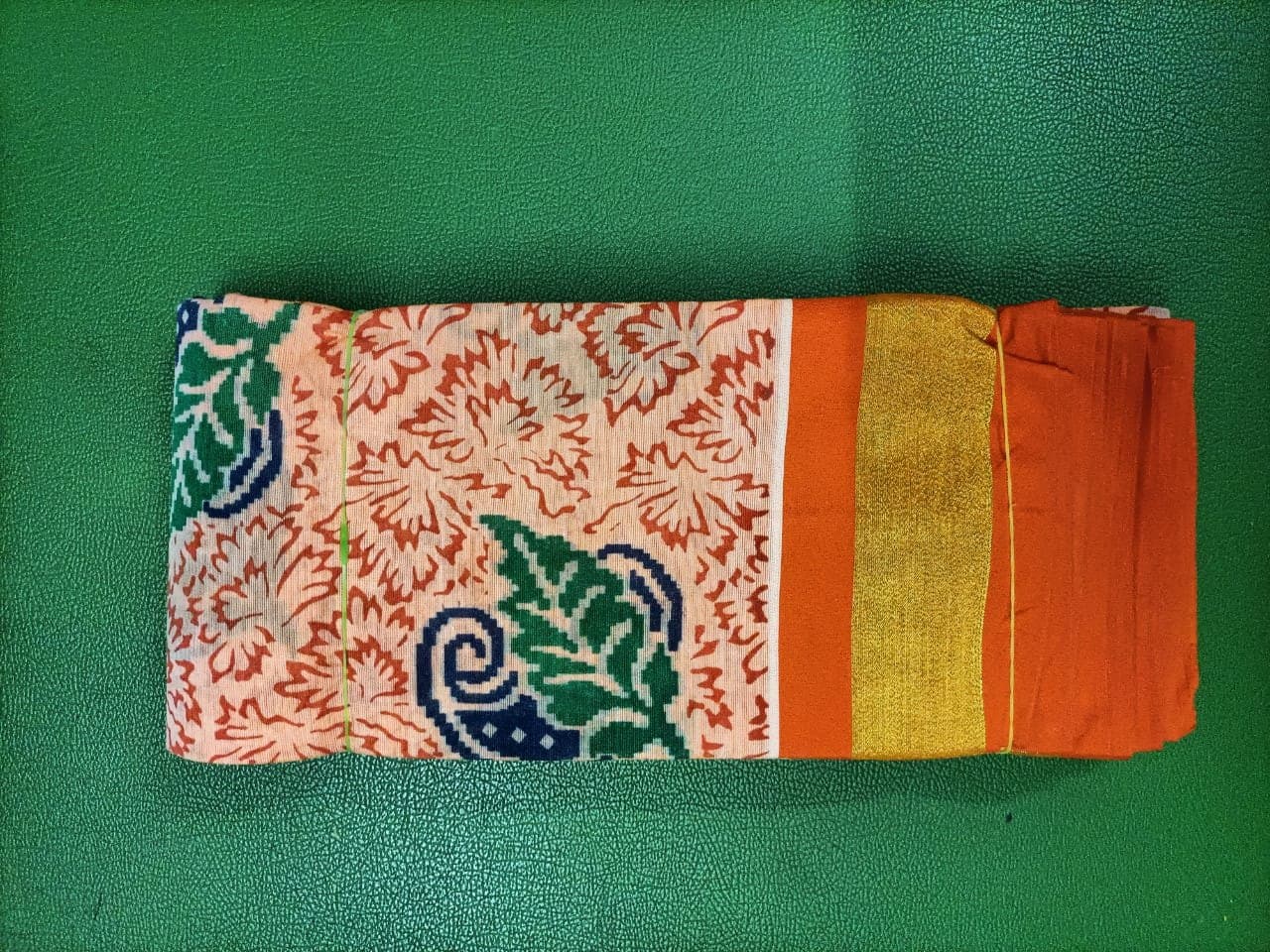 Peach Floral Printed Cotton Saree with Orange Zari Border