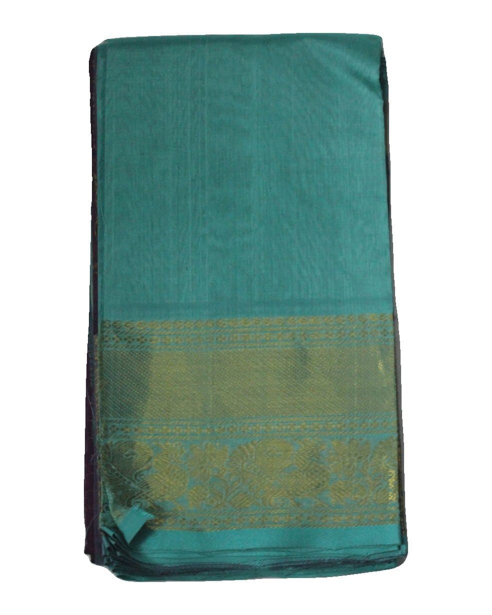 Turquoise Saree with Gold Zari Border & Magenta Pallu