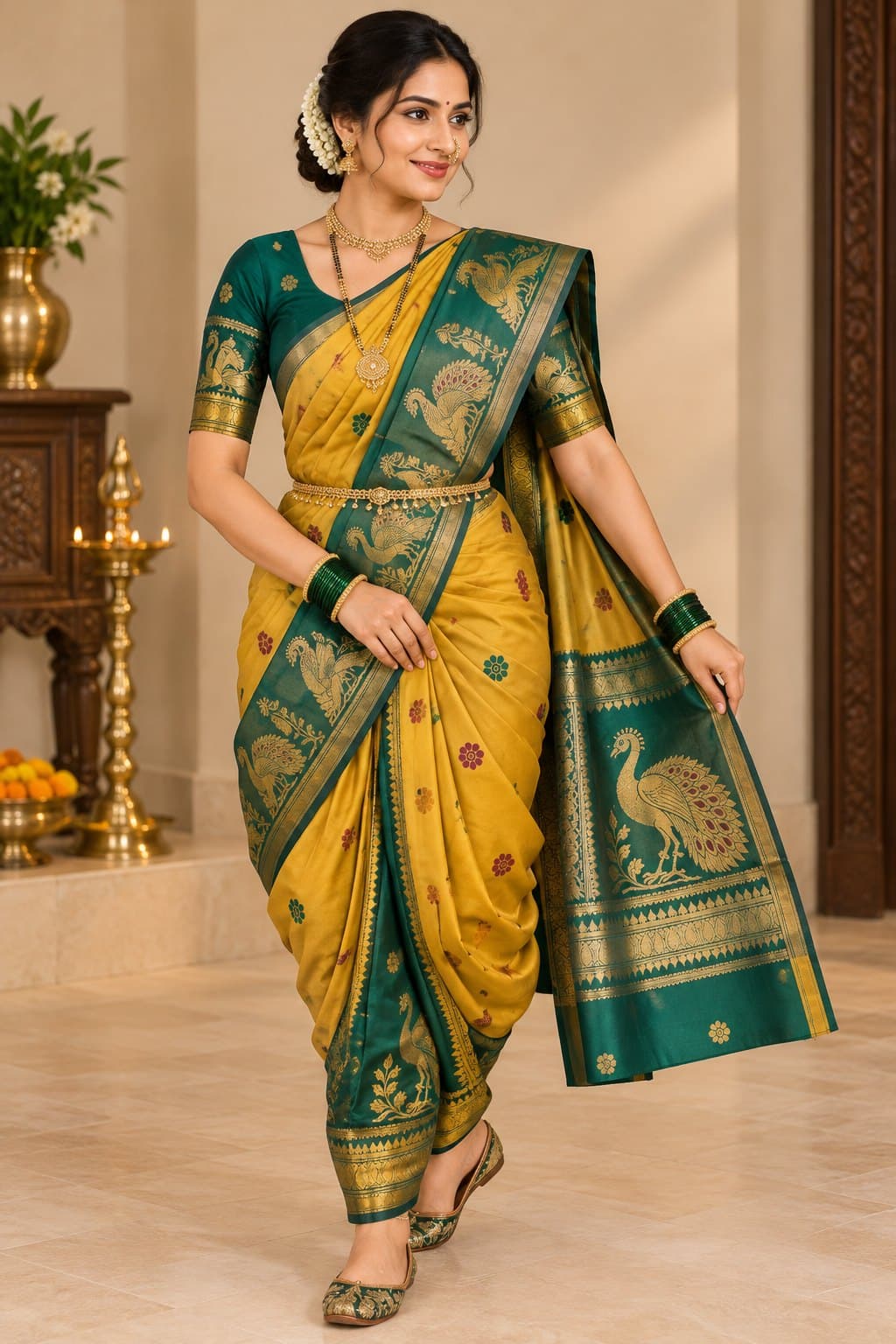 Mustard & Bottle Green Saree with Figure Motif Pallu