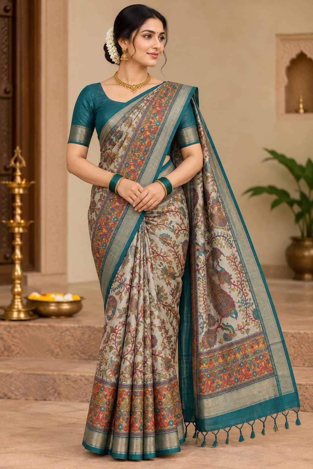 Teal Kalamkari Peacock Print Saree
