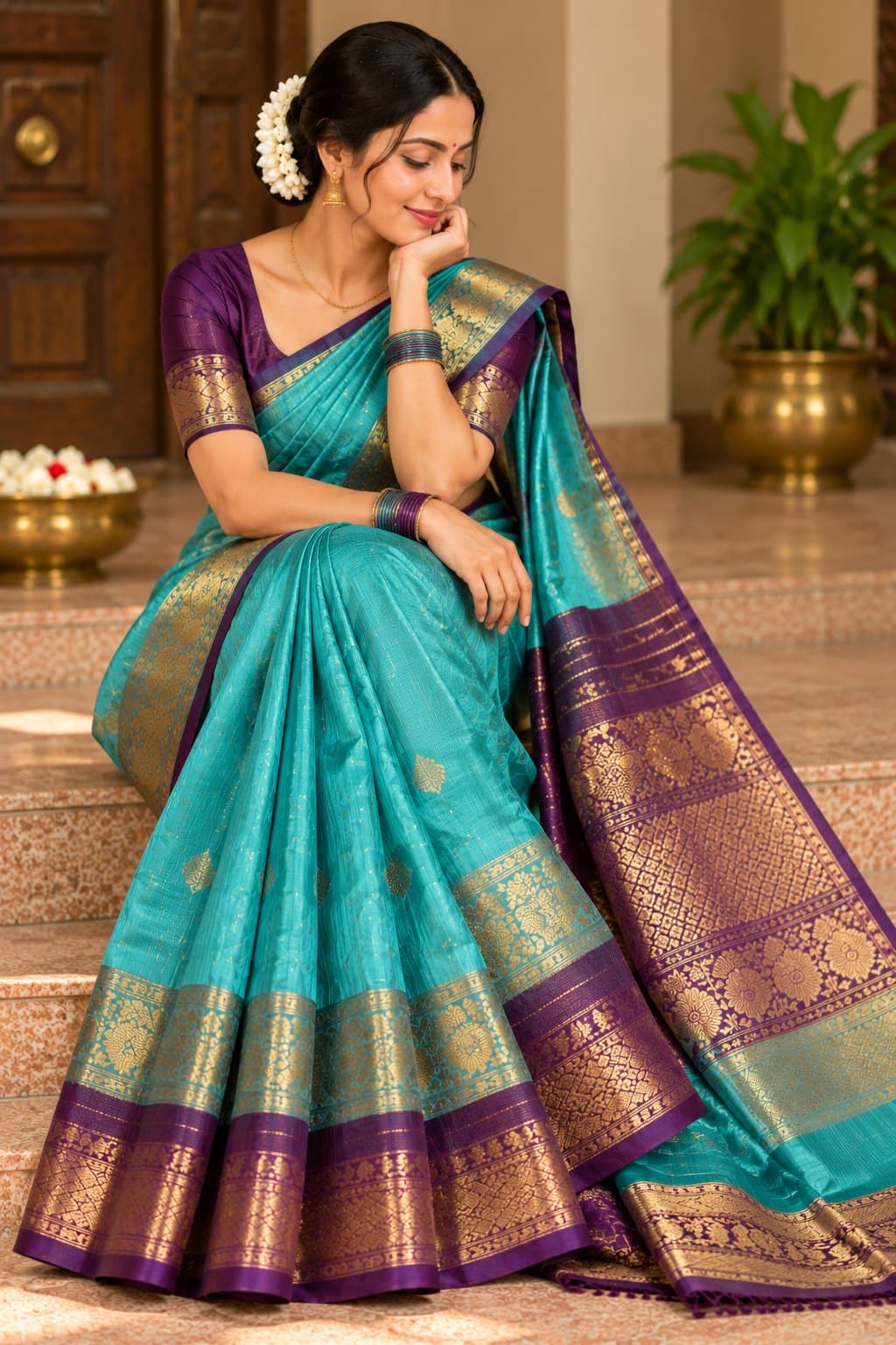 Turquoise Saree with Gold Zari Border & Magenta Pallu