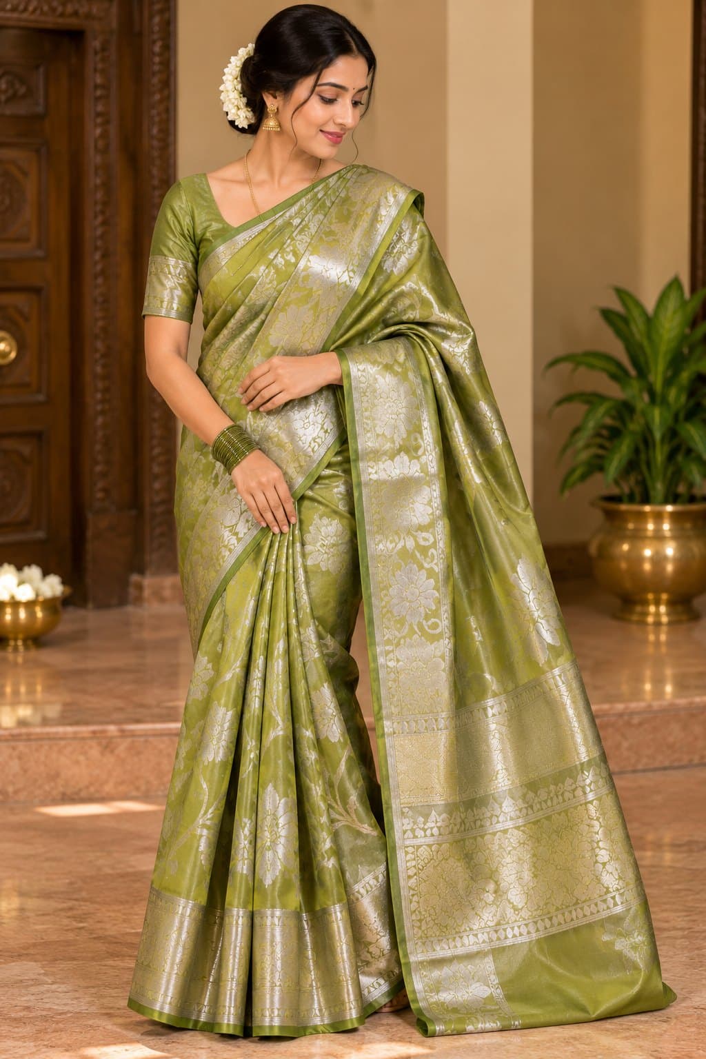 Lime Green Floral Zari Woven Saree